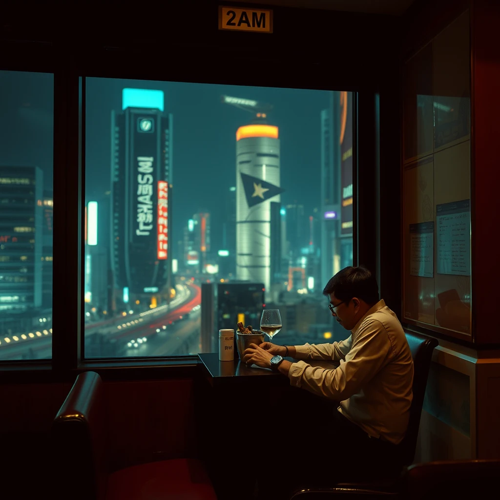 At 2 AM, a office worker is dining at a window seat in a restaurant, with the city's nighttime cyberpunk style outside. - Image