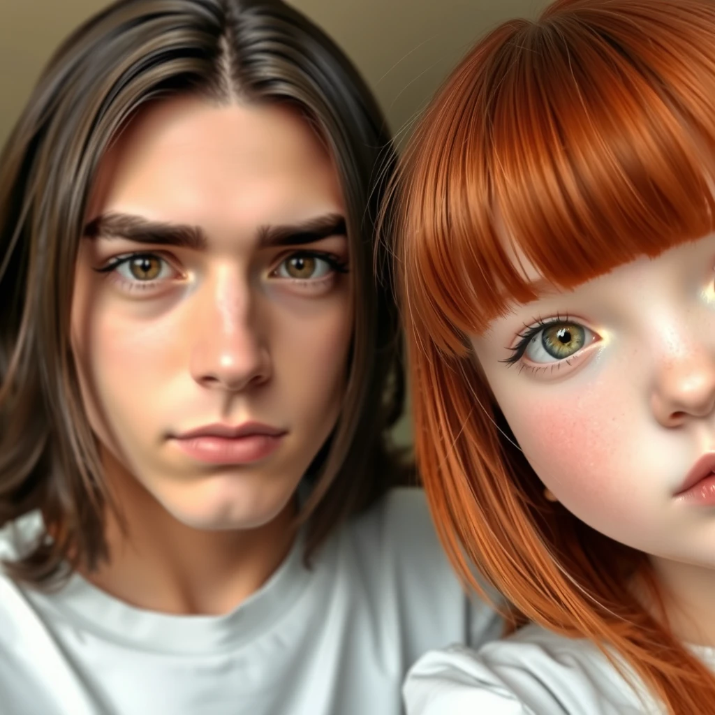 young guy, long dark brown hair parted in the middle, sharp facial features, pale skin, light brown eyes, thick eyebrows, long eyelashes next to a cute white girl with ginger hair, pink lips, green eyes, and bangs.