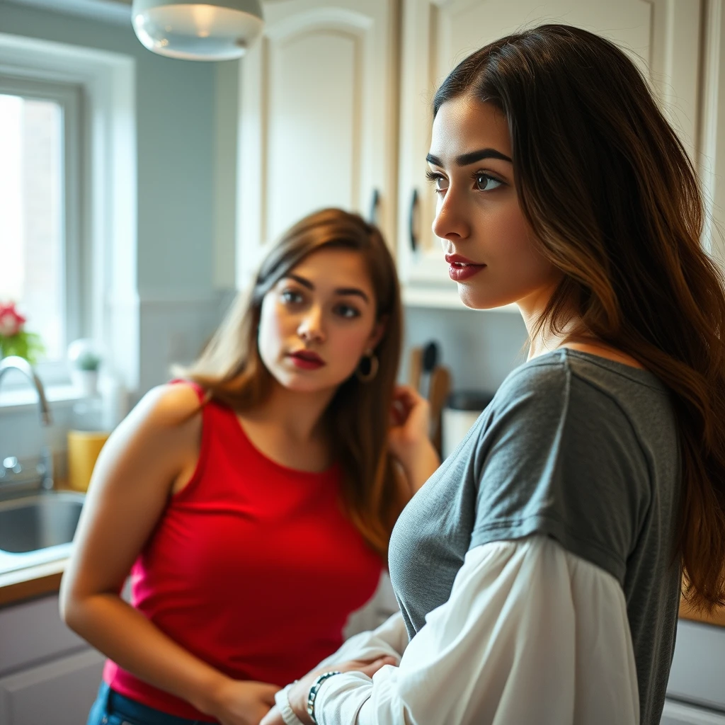 Young woman in her kitchen trying on mail order tops looking dismayed.