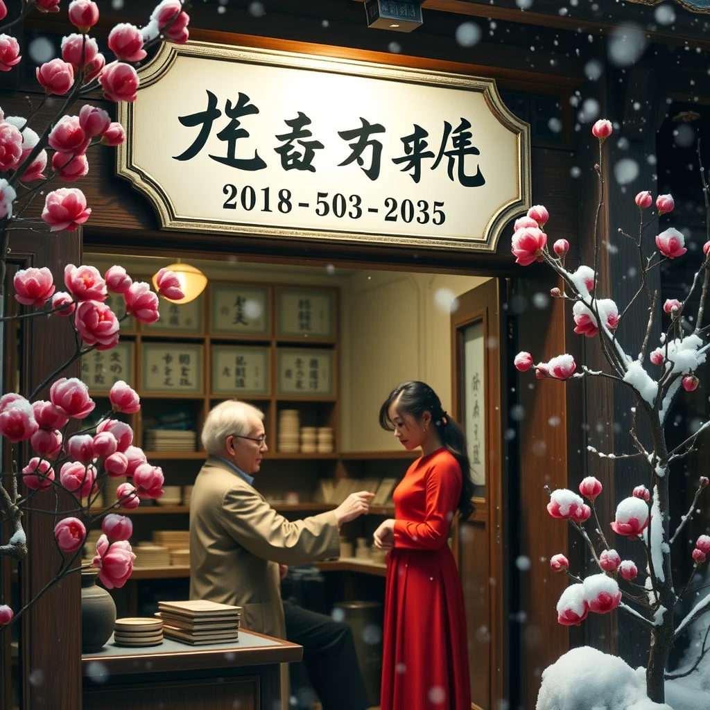 In the classic and quaint traditional Chinese medicine hall, a horizontal plaque in cursive script reads "Today's Medicine Prices." Inside, it is warm as spring, where an elderly man in a robe feels the pulse of a young woman in a red dress. Outside, red plum blossoms bloom fiercely while heavy snow falls.