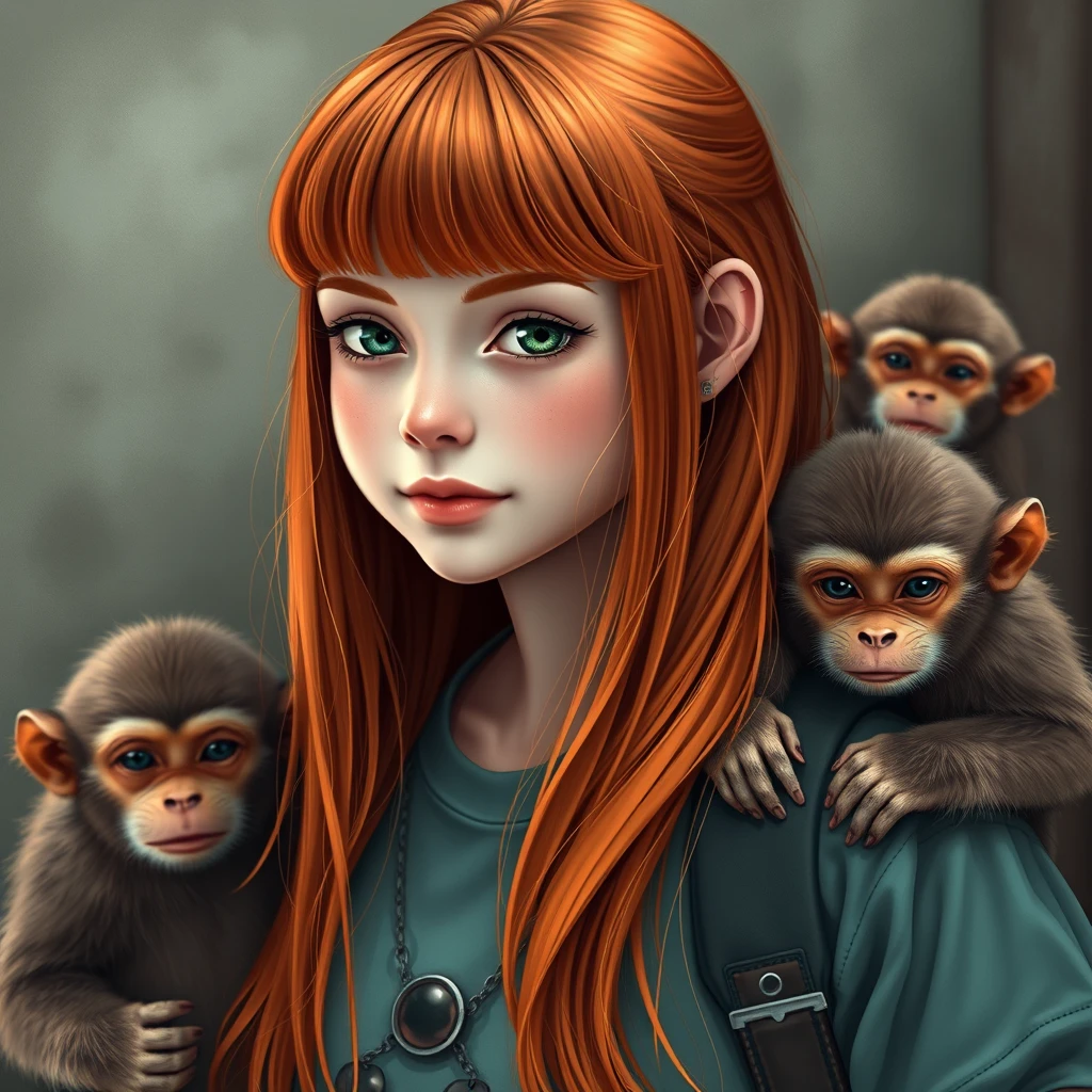 Beautiful teenage redhead girl with bangs, green eyes, long hair, cute clothes, and monkeys.