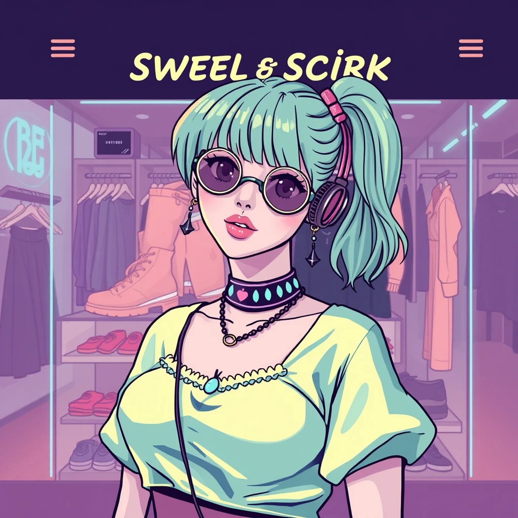 "Women's clothing store design, sweet girl elements, cyberpunk style." - Image