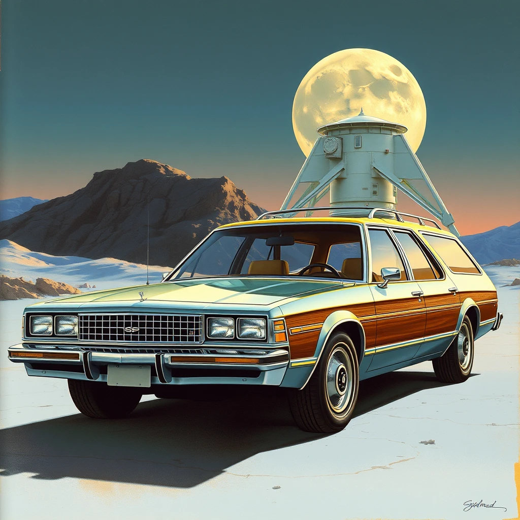 Front corner view, a 1980s retro-futuristic station wagon concept, a painting by Syd Mead, sleek, moon setting, the lunar lander is in the background. - Image