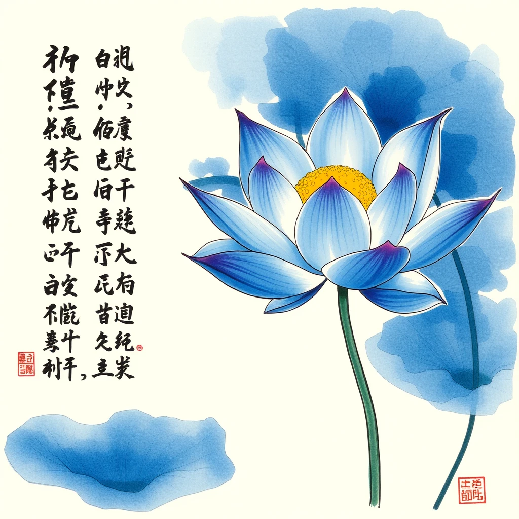 "Blue Lotus, ink wash painting style, accompanied on the left by a Chinese poem about integrity."