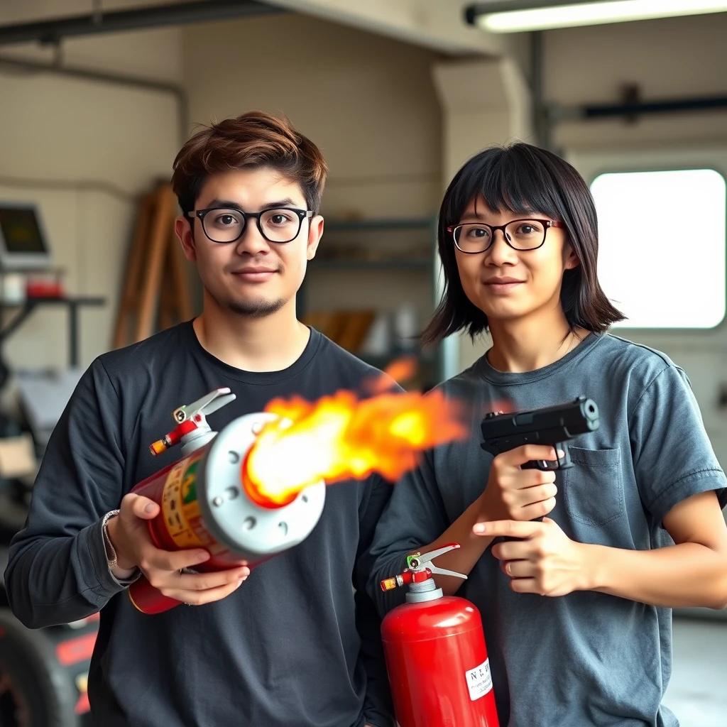 Two-person set, two men, both are 21 years old, one Caucasian man and one northern Chinese man, together in a garage setting. The first man has round prescription glasses, brown short hair, and he is holding a very large fire extinguisher flamethrower. The second man has a thin long face, wears square prescription glasses, has mid to long fringe hair, and he is holding a pistol. - Image