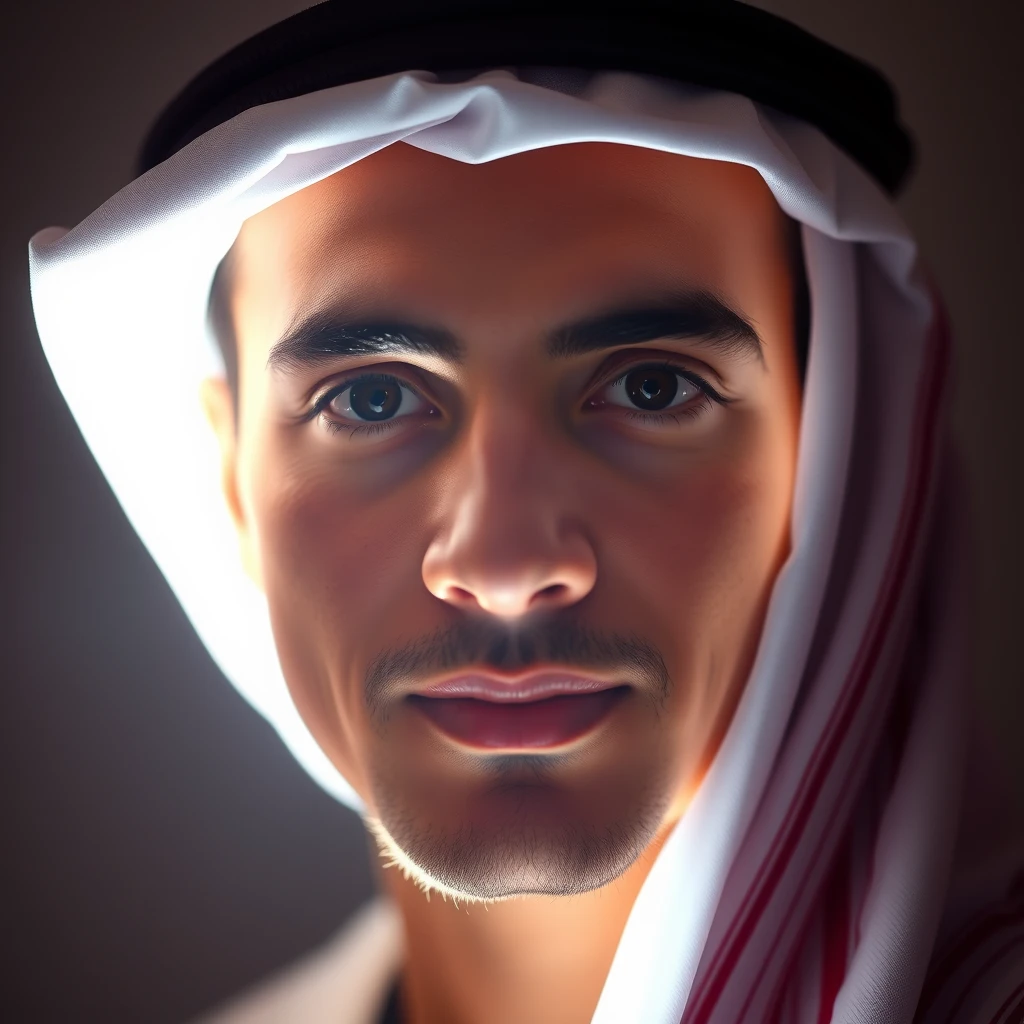 "Create an image of an Arab person with a face so brightly illuminated that the facial features are obscured by the intense glow. The light should be strong enough to create a halo effect around the person, making their face appear almost ethereal and not fully visible. The background should be a subtle gradient to enhance the focus on the radiant face."