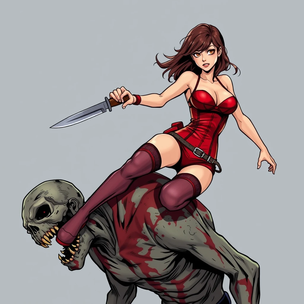 A girl in red sexy battle leather underwear rides on a zombie's shoulder with her legs open, she is holding a knife and ready to kill the zombie. Comic, Ada Wong. - Image