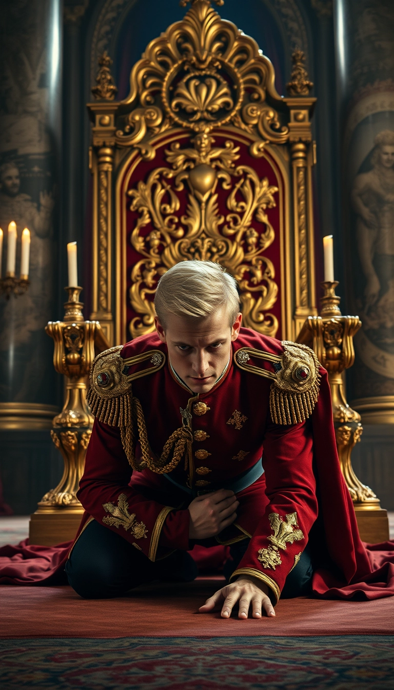 Main Character: A handsome and muscular blond British King with piercing blue eyes, dressed in a meticulously detailed British royal military uniform, is positioned on all fours, his head bowed low to the ground, trembling slightly. His posture conveys a sense of defeat and desperation.

Background: A colossal golden throne, intricately carved with ornate details and shimmering under the soft glow of candlelight, dominates the scene. The throne room is vast and opulent, with towering marble pillars and rich tapestries adorning the walls. A sense of history and power permeates the atmosphere.

Visual Style: The scene should be captured in a professional, cinematic style, reminiscent of historical dramas like "The King's Speech" or "The Crown". The lighting should be dramatic and moody, casting long shadows that emphasize the King's vulnerability and the imposing presence of the throne. The color palette should be rich and regal, with deep reds, golds, and blues dominating the scene. The overall composition should create a sense of tension and drama, highlighting the King's internal struggle and the weight of his responsibilities. The image should be sharp and detailed, showcasing the textures of the King's uniform, the intricate carvings on the throne, and the opulent surroundings.