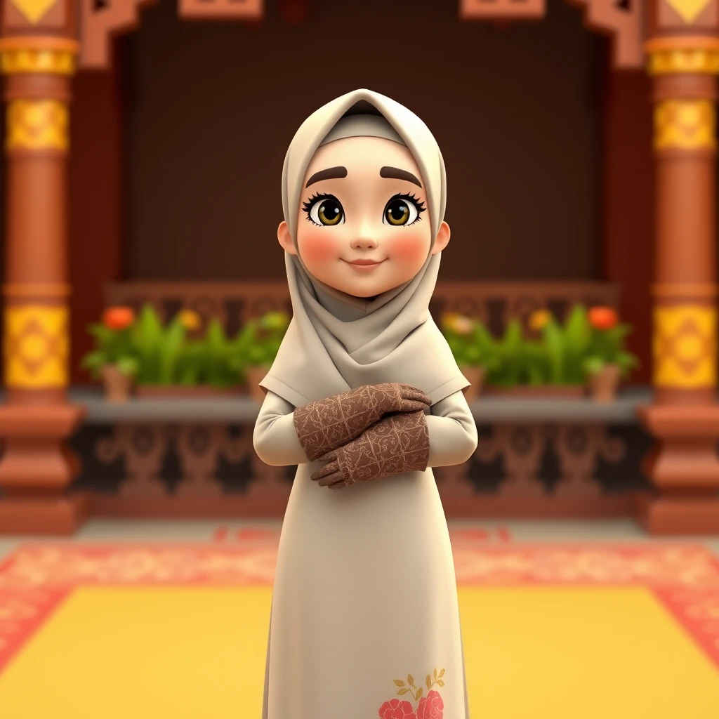 A 3D, 8k animated cartoon depiction of a Muslim woman from Palembang, wearing a traditional long songket and a long gown (gamis). She is adorned with a hijab that covers her chest and wears batik gloves covering her hands.