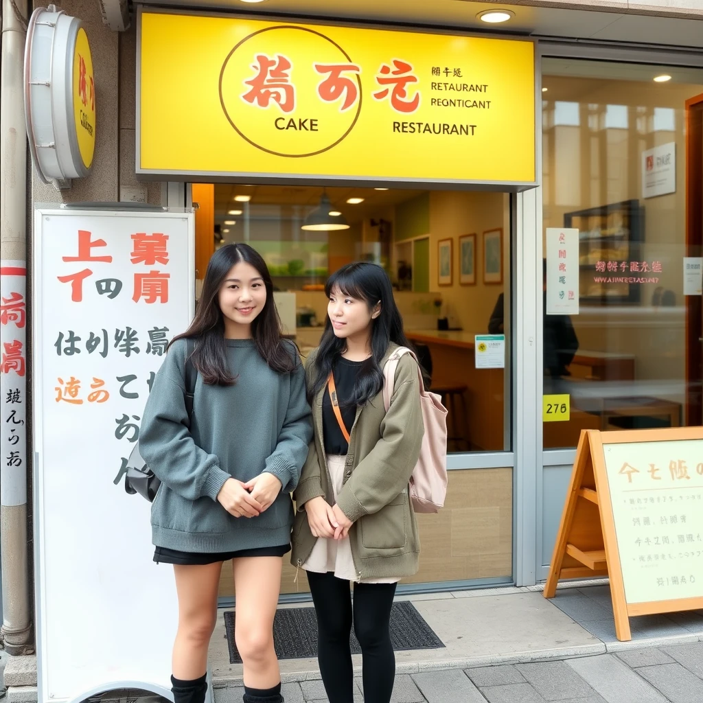 Two young women are chatting outside a cake shop, with clear facial features, and you can see their socks. There is a sign outside the restaurant, and the words on the sign are visible, which can be in Chinese characters or in Japanese as well. - Image