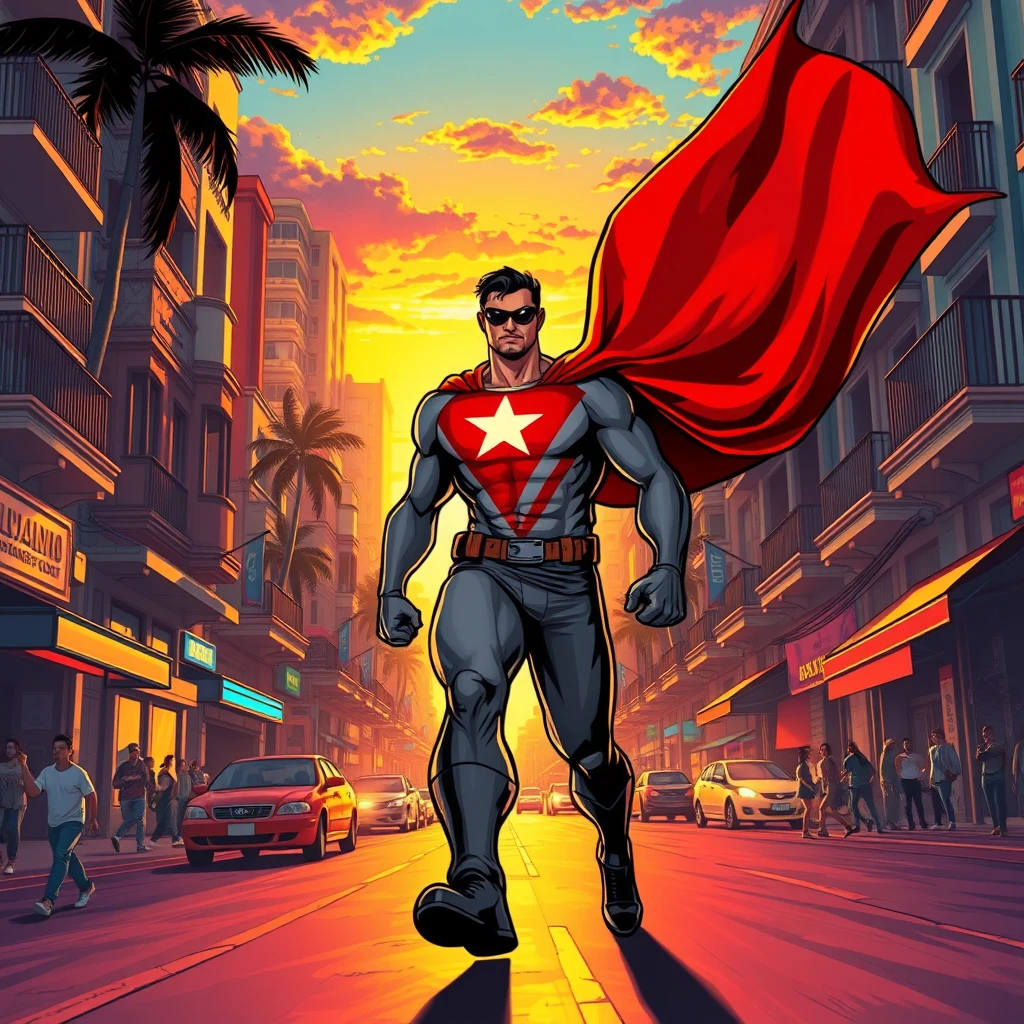 As the sun sets over the vibrant streets of Puerto Rico, your superhero strides confidently through the bustling city, the flag of Puerto Rico billowing behind them like a majestic cape. With their emblematic machete logo gleaming proudly on their chest, they pause, sensing trouble stirring in the heart of San Juan. Ready to defend their homeland, they embark on their next mission to protect the island and its people from any threat that dares to challenge its beauty and resilience, vibrant, art by Todd Mcfarlane. - Image