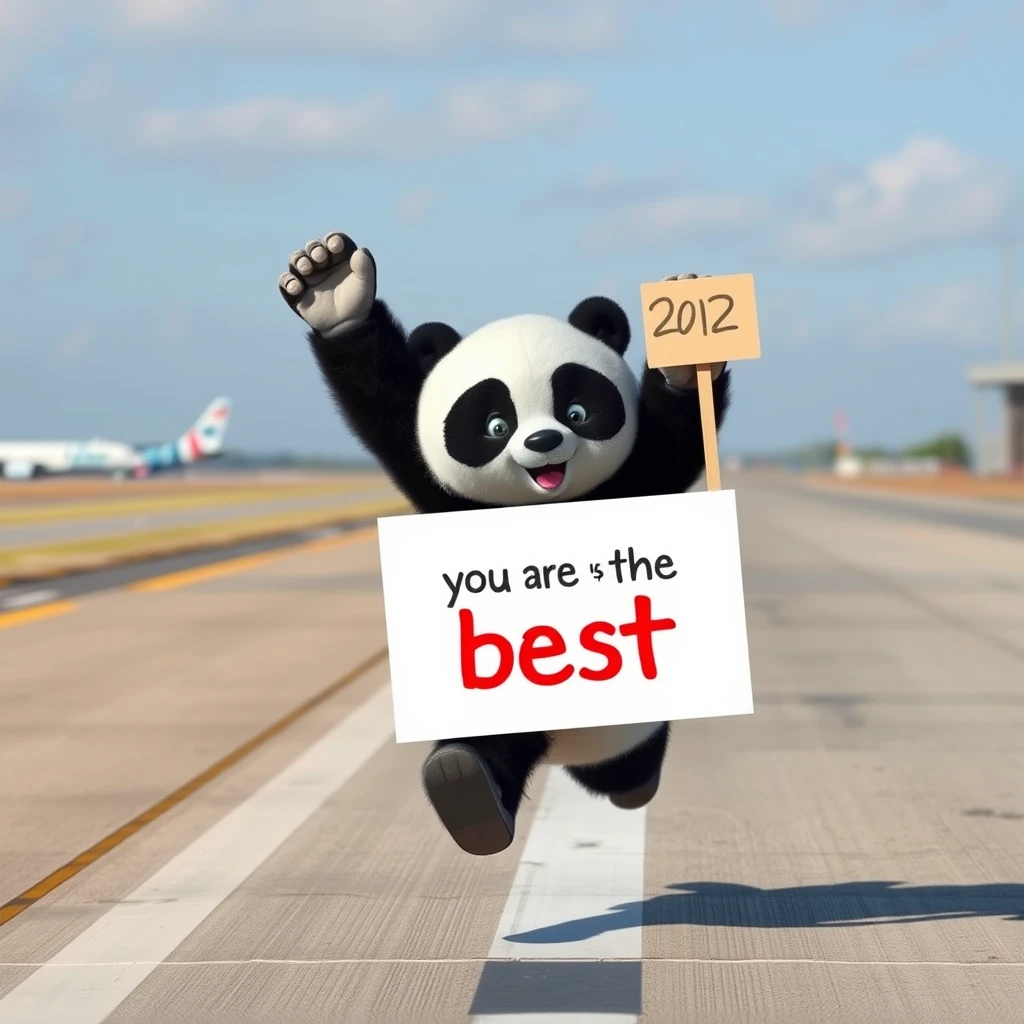 A personified panda is sprinting on the runway, holding up a sign that reads "you are the best" in Chinese.