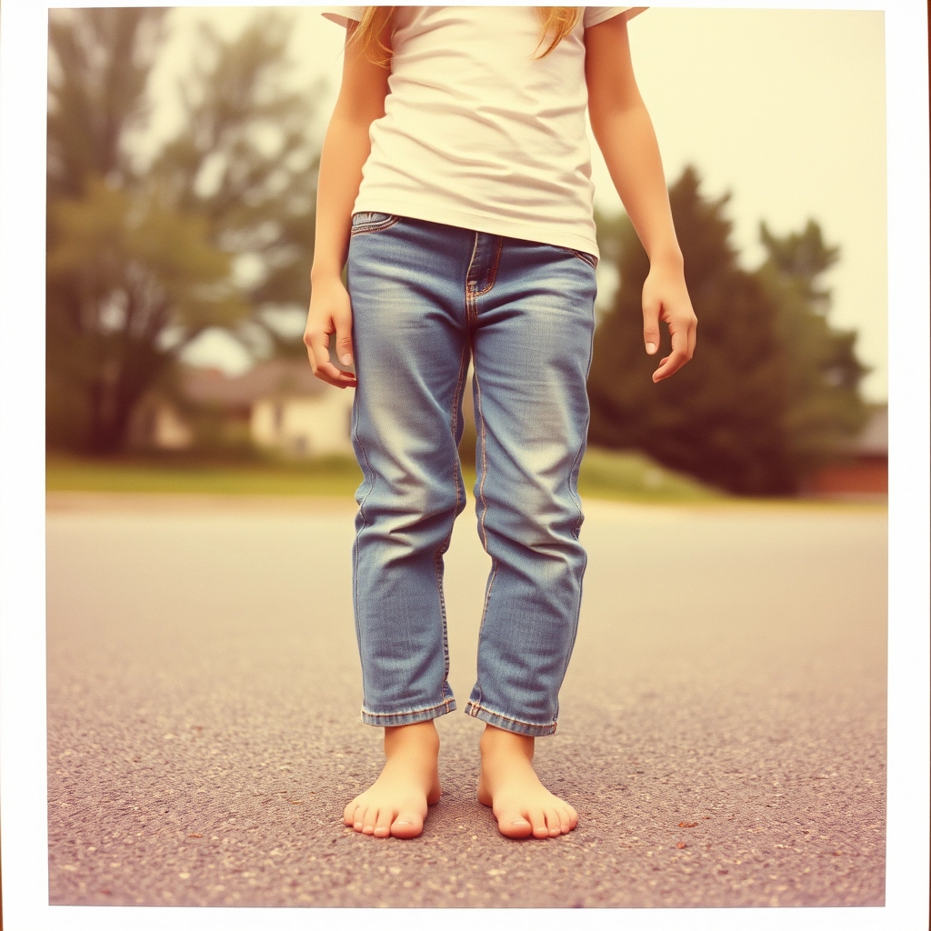 Angry barefoot teenage girl in jeans standing on the asphalt, 1970s, Polaroid photo.