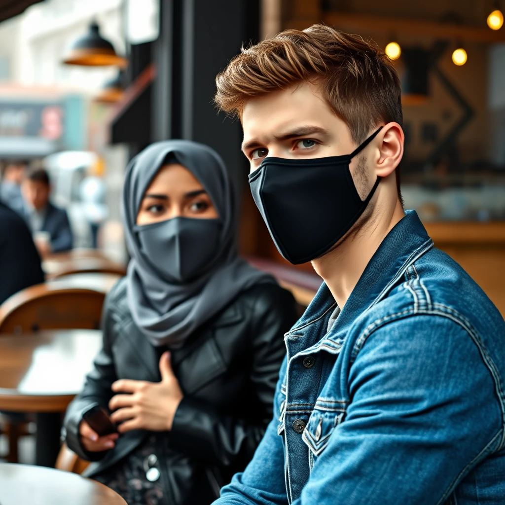 Jamie Dornan's head and body shot, handsome, face mask black, blue jeans jacket, jeans, dating with a grey hijab Muslim girl, beautiful eyes, face mask black, black leather jacket, biggest pattern skirt, talking at a cafe, photorealistic.