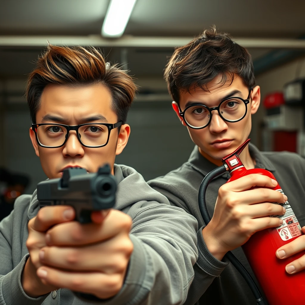 21-year-old pale Chinese man with square glasses, large hair, holding a pistol; 20-year-old white Italian man with round prescription glasses and short hair holding a very large fire extinguisher, garage setting, both angry, intent to kill.