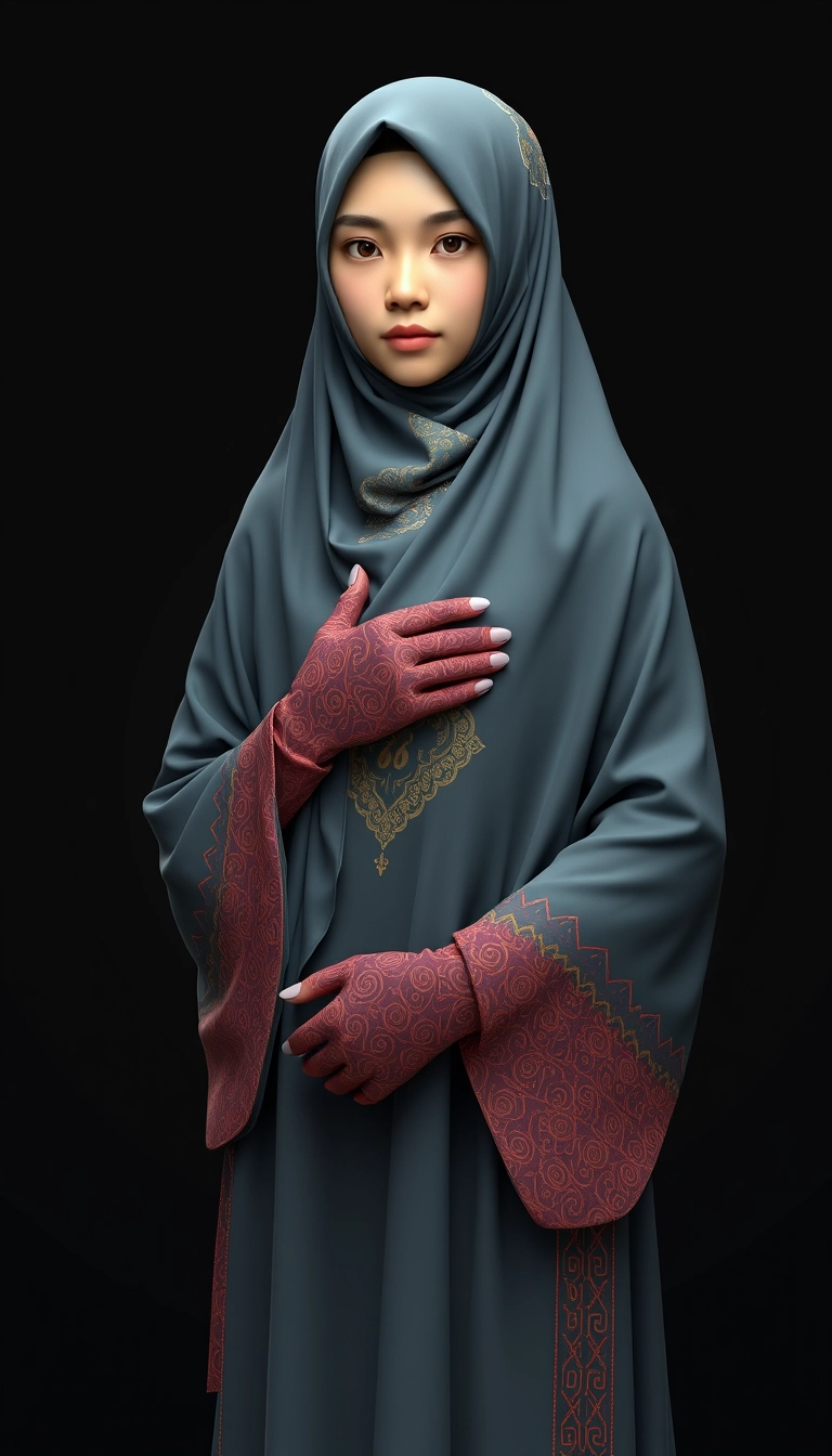 A 3D, 8k depiction of a Muslim woman from Palembang, wearing a traditional long songket and a long gown (gamis). She is adorned with a hijab that covers her chest and wears batik gloves covering her hands.