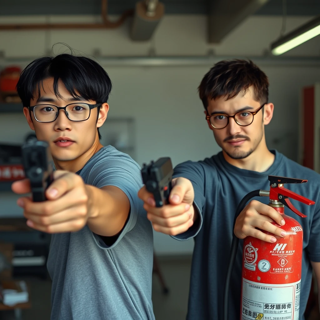 21-year-old white Chinese man with square glasses, medium long hair, holding a pistol; 20-year-old white Italian man with round prescription glasses and short hair holding a very large fire extinguisher, in a garage setting, both angry, intent to kill.