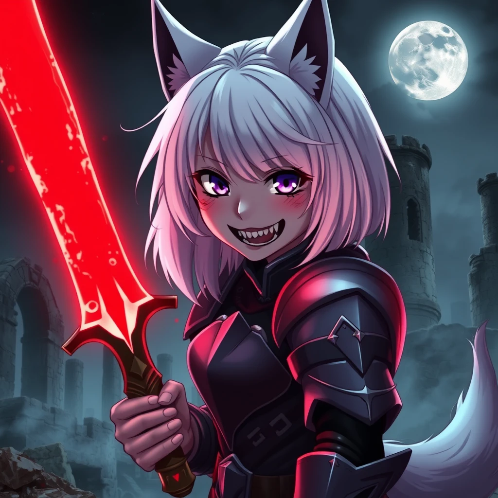 Anime girl with fangs, medium white hair, wolf ears, and a tail; she has purple eyes and an evil grin with blood on her face, holding a glowing light red sword full of blood in her right hand. The girl is wearing armor. In the background, old ruins can be seen; it is dark and foggy, and a full moon is in the sky. Dramatic, dynamic, cinematic.