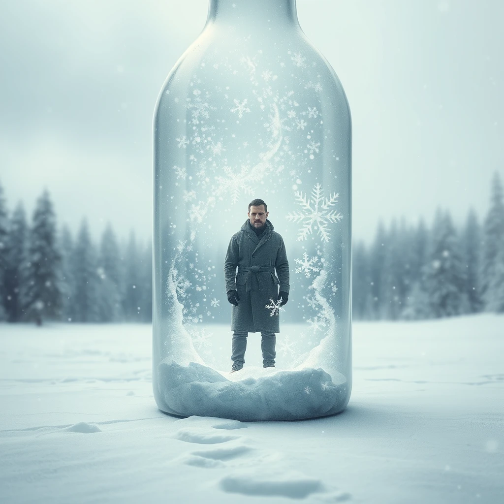 **Theme and Atmosphere**:  
"A tranquil and lonely realm: a man dressed in thin clothes, with a haggard face, stands silently inside a giant transparent glass bottle, surrounded by snow inside and out, creating an isolated and profound world."  
  
**Background Setting**:  
- "The background features snowflakes swirling in the air alongside the faint outlines of a forest, primarily in light blue and gray tones, creating a cold yet serene atmosphere."  
- "In the distance, the blurry outlines of trees can be vaguely seen within a snowy forest, adding a sense of depth to the scene."  
  
**Glass Bottle and Snow Scene**:  
- "The glass bottle is presented with a transparent texture, filled inside with pure white snowflakes, rich in detail and layered, echoing the snowflakes outside."  
- "The edges of the bottle may be slightly blurred to enhance the sense of transparency and spatial depth."  
- "The snowy ground may be adorned with varying depths of footprints or snowpits, suggesting the man has been active here, adding narrative elements."  
  
**Character Depiction**:  
- "The man wears thin clothing, has a haggard face, and deep-set eyes; one hand touches the glass bottle while he gazes into the distance at a bare tree."  
- "The tree's form should be finely depicted, covered in thick layers of snow on its branches, contrasting with the man, symbolizing the coexistence of life and solitude."  
- "Pay attention to the man's standing posture, conveying his inner calm and a detached attitude towards his surroundings."  
  
**Emotions and Meaning**:  
- "The entire scene aims to convey a sense of tranquil and lonely beauty, allowing the viewer to feel the harmony between the man's inner world and the external environment."  
- "Through the metaphor of the glass bottle, one can explore the barriers and connections between the individual and the outside world, as well as the insignificance and greatness of humanity in the face of nature."  
  
**Details and Decorations**:  
- "Pay attention to the treatment of light and shadow, utilizing the light reflected by the snowflakes to enhance the brightness and layering of the image."  
- "Without affecting the overall atmosphere, small decorative elements may be added, such as falling snowflakes and grasses swaying in the cold wind."  
  
**Style and Technique**:  
- "Please use delicate and emotionally rich brush strokes, focusing on the harmonious combination of colors and light and shadow."  
- "In composition, attention should be paid to the balance and contrast, ensuring that the image remains stable yet dynamic." - Image