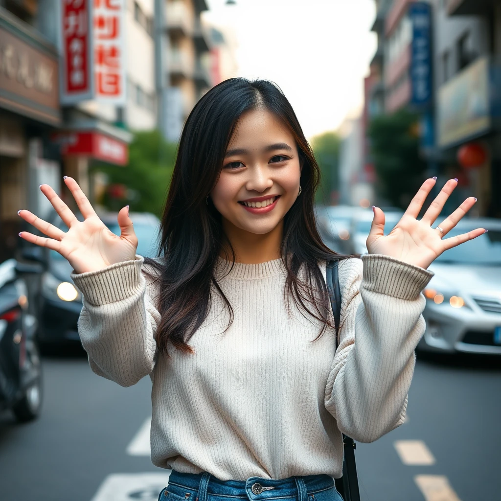 Asian woman holding hands out in the middle of the street.