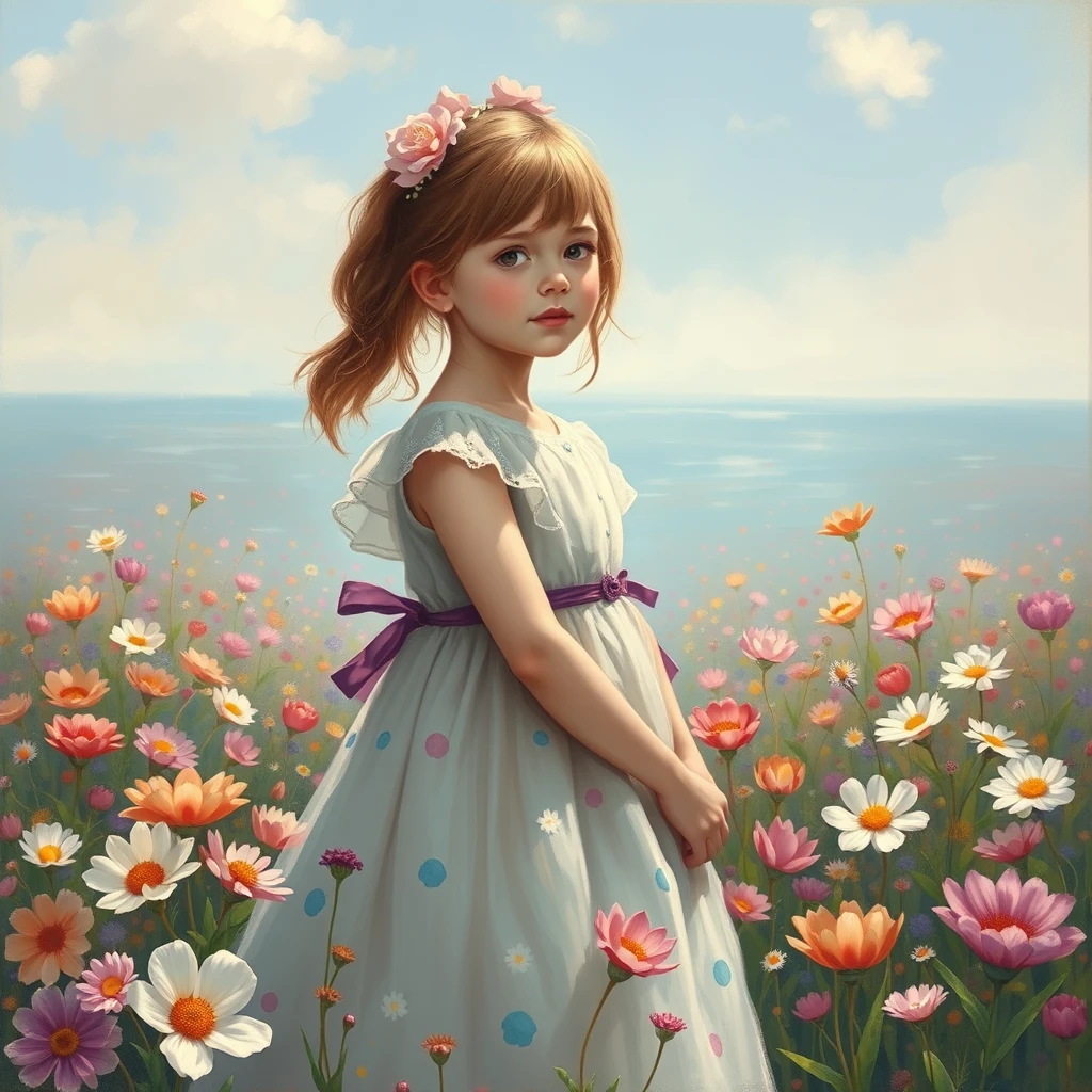 A 6-year-old girl's artistic portrait, full body, beautiful dress, sea of flowers, daytime, realistic. - Image