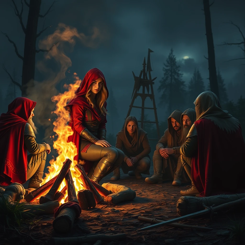 Photo realistic: Fantasy heroine in a red cloak sitting at a campfire at night with companions. - Image