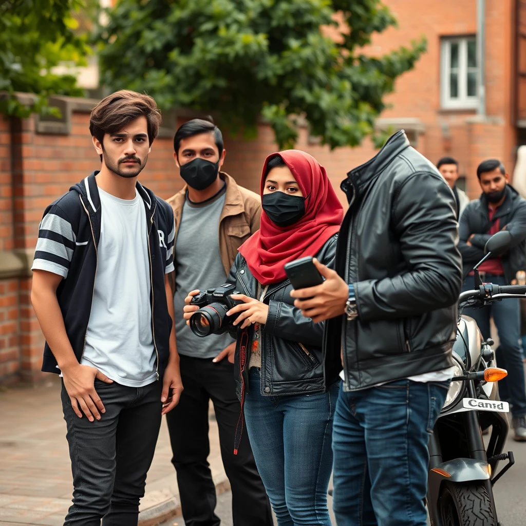 Jamie Dornan and Freddie Prinze, head and body shot, handsome, young, serious face, dark brown hair, white T-shirt, college jacket, skinny jeans, sneakers, standing, discussing with two guys and a short red hijab Muslim girl, beautiful eyes, black face mask, black leather jacket, bell bottom jeans, holding a DSLR Canon camera, near town road, superbike, hyper-realistic, street photography, brick wall, full body photo, five other random smiling friends in the background. - Image