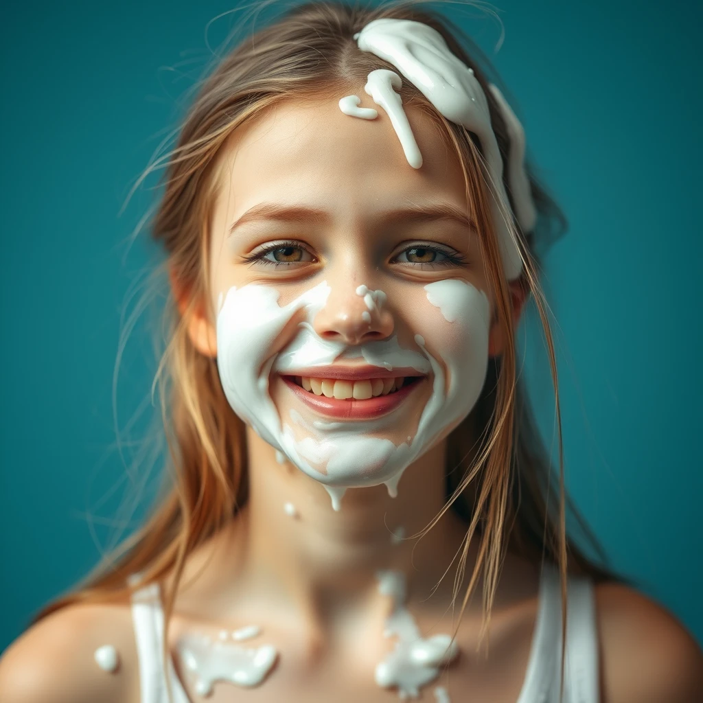 A girl smiles sheepishly after she accidentally spurts translucent white skincare cream all over her face and hair. - Image