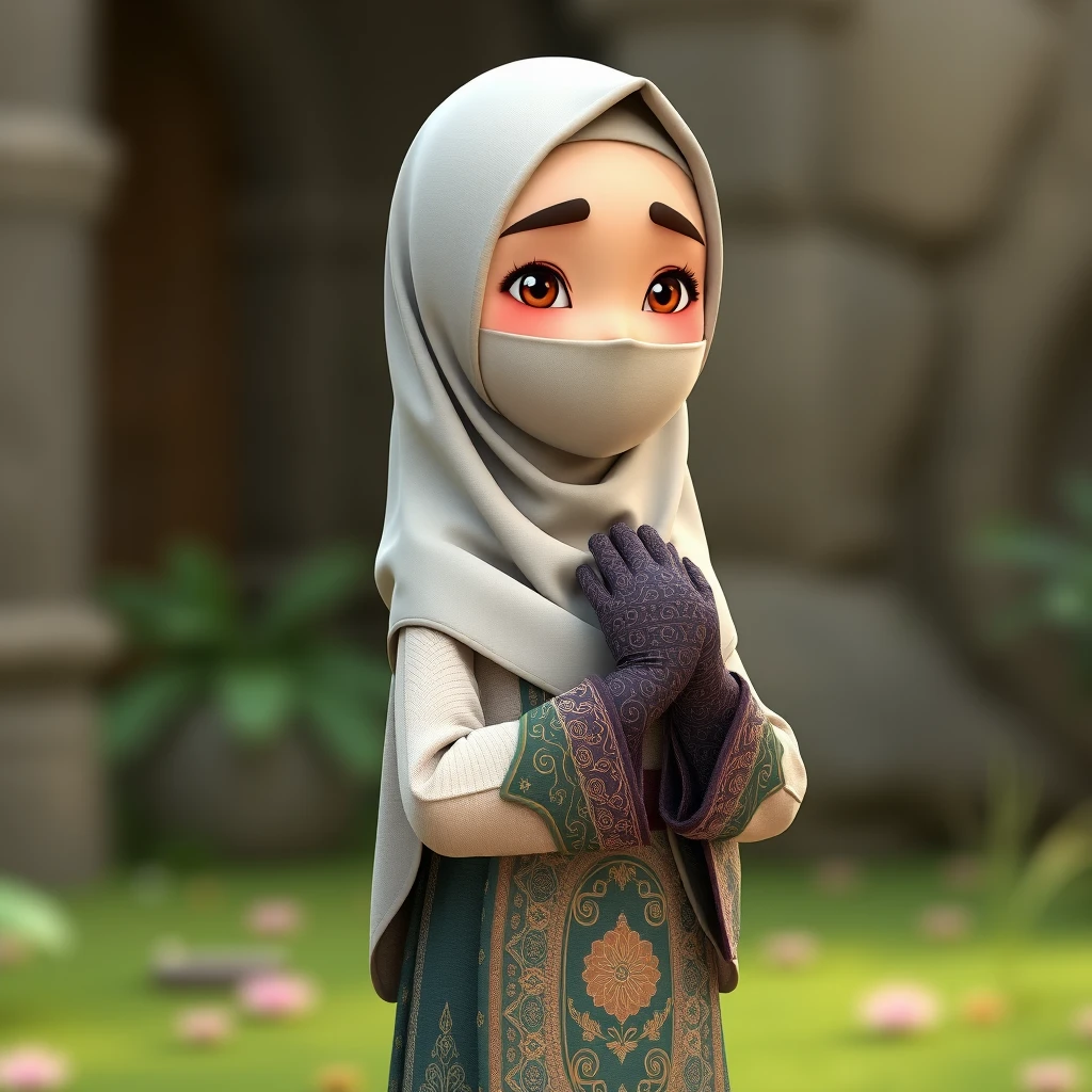 A 3D, 8k animated cartoon depiction of a Muslim woman from Palembang, wearing a traditional long songket and a long gown (gamis). She is adorned with a hijab that covers her chest and wears batik gloves covering her hands.