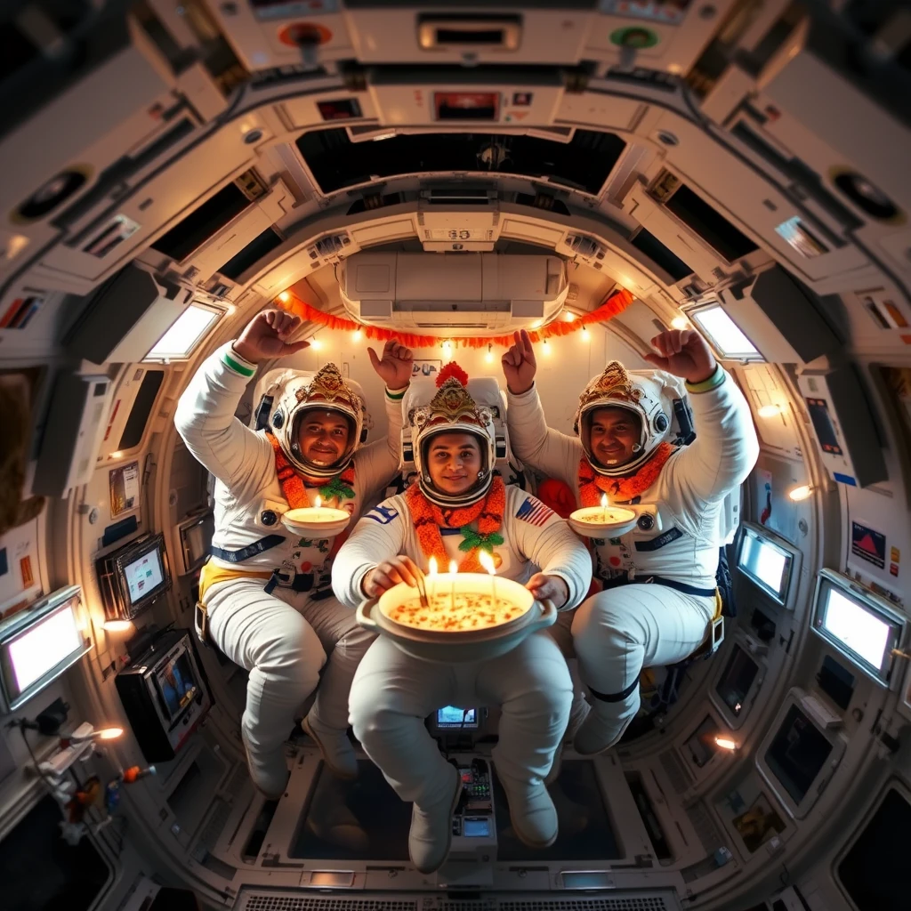 Indian astronauts are celebrating Ganeshotsav in a spaceship, while floating in a zero-gravity situation, with lighting decorations. - Image