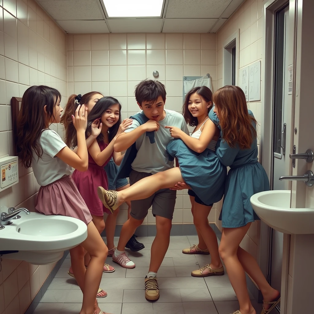 A group of beautiful girls kicking or pouncing on a boy in the girls' bathroom at school, hitting him in the face angrily, comic. - Image