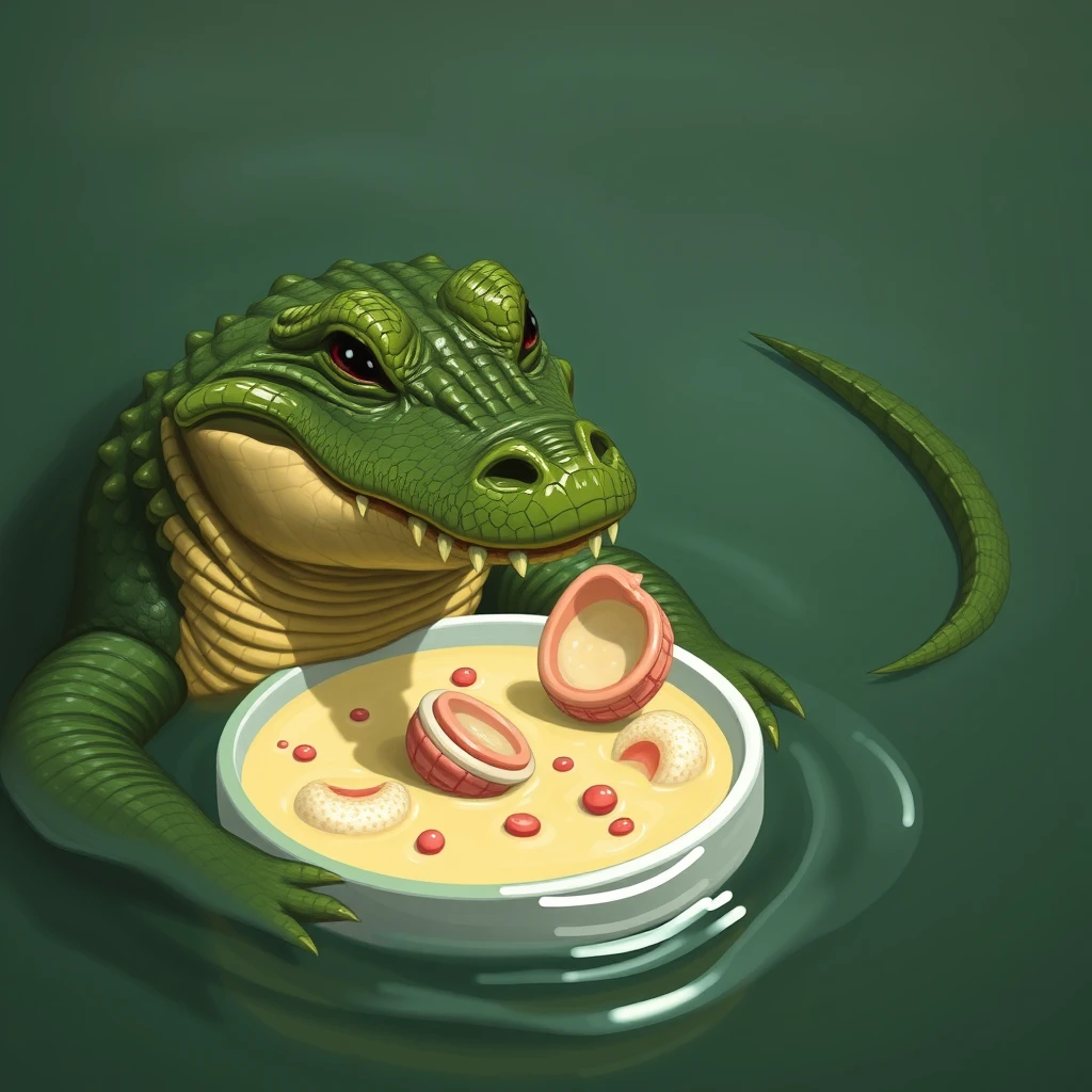 A crocodile sipping clam chowder