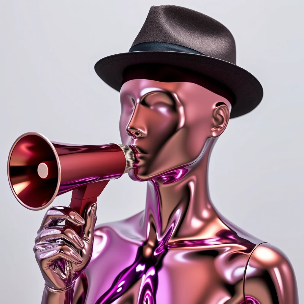 a mystical reflective chrome skinned with an oil slick color mannequin with a smooth bulbous head carrying no facial features. wearing a fedora and holding a fake megaphone