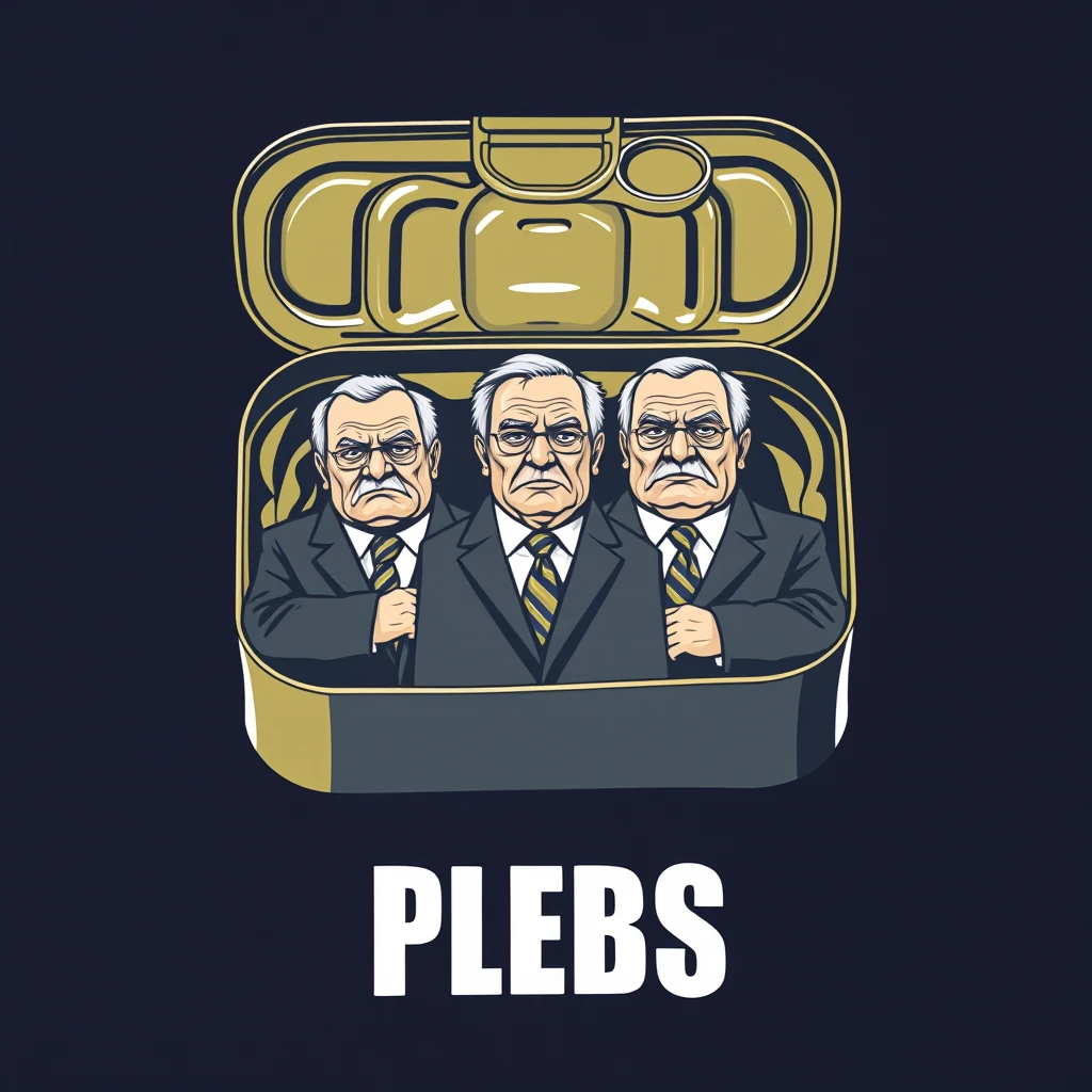 A playful t-shirt design featuring an open sardine can with a twist-off top, containing five live, wealthy older gentlemen dressed in business suits, standing shoulder to shoulder with scowls on their faces, accompanied by the text "PLEBS" underneath, viewed from the front.