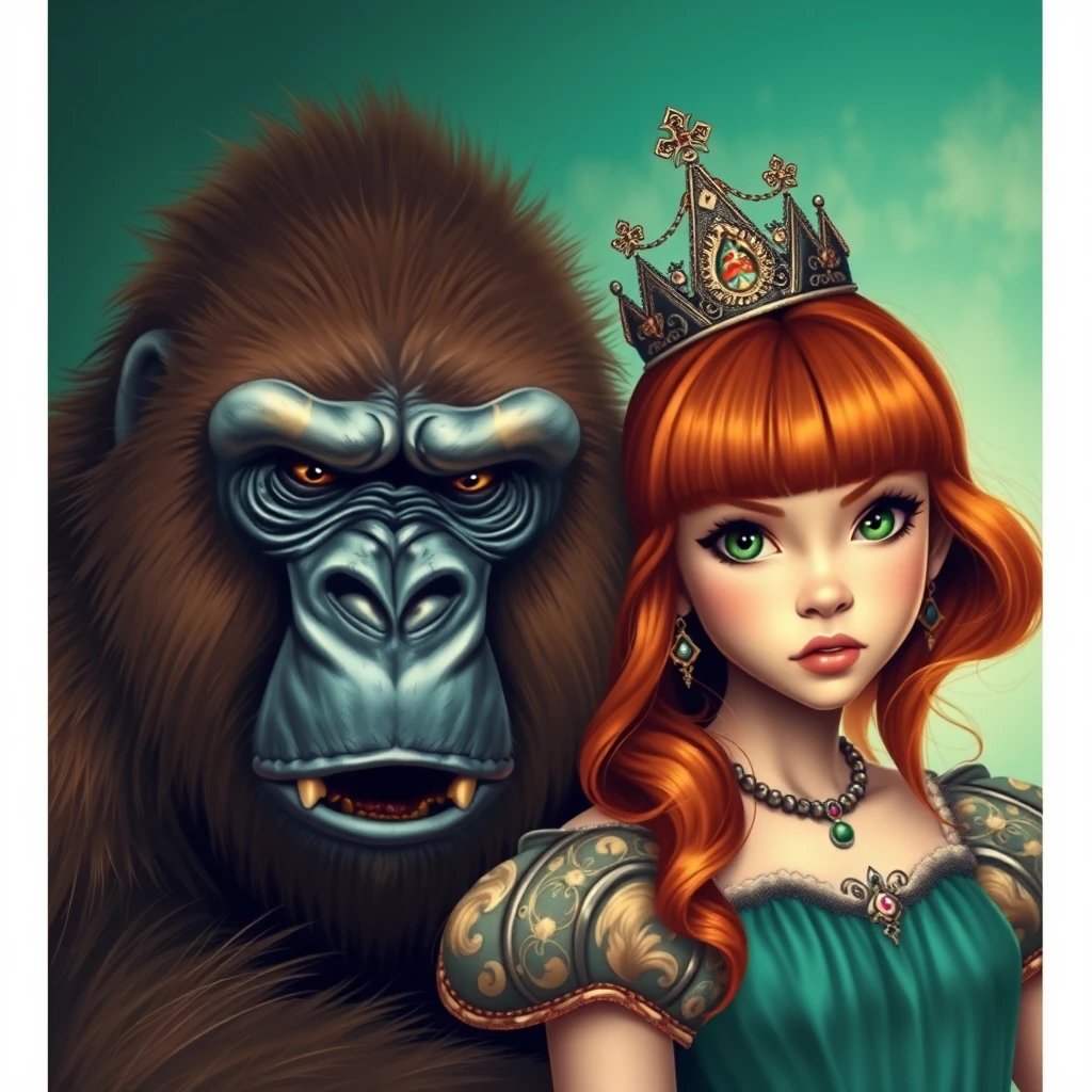 King fierce gorilla next to a cute ginger, green-eyed, bangs-haired teenage princess in vintage style.