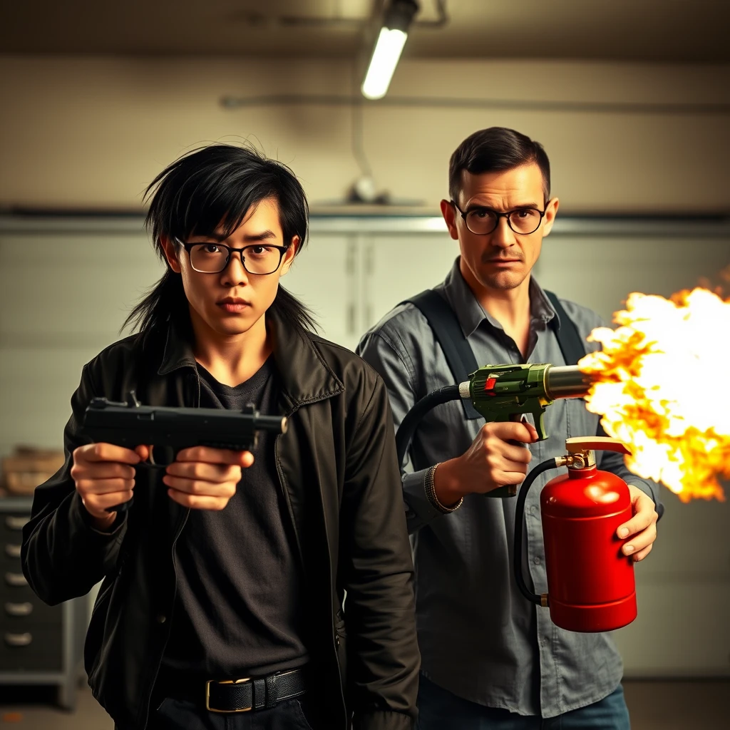 Two-person setting: "21-year-old northern Chinese thin man wearing square glasses, medium/long black mullet hair, holding a pistol" and "21-year-old white Italian man wearing round glasses, short hair, holding a very large fire extinguisher flamethrower", garage setting, both angry.