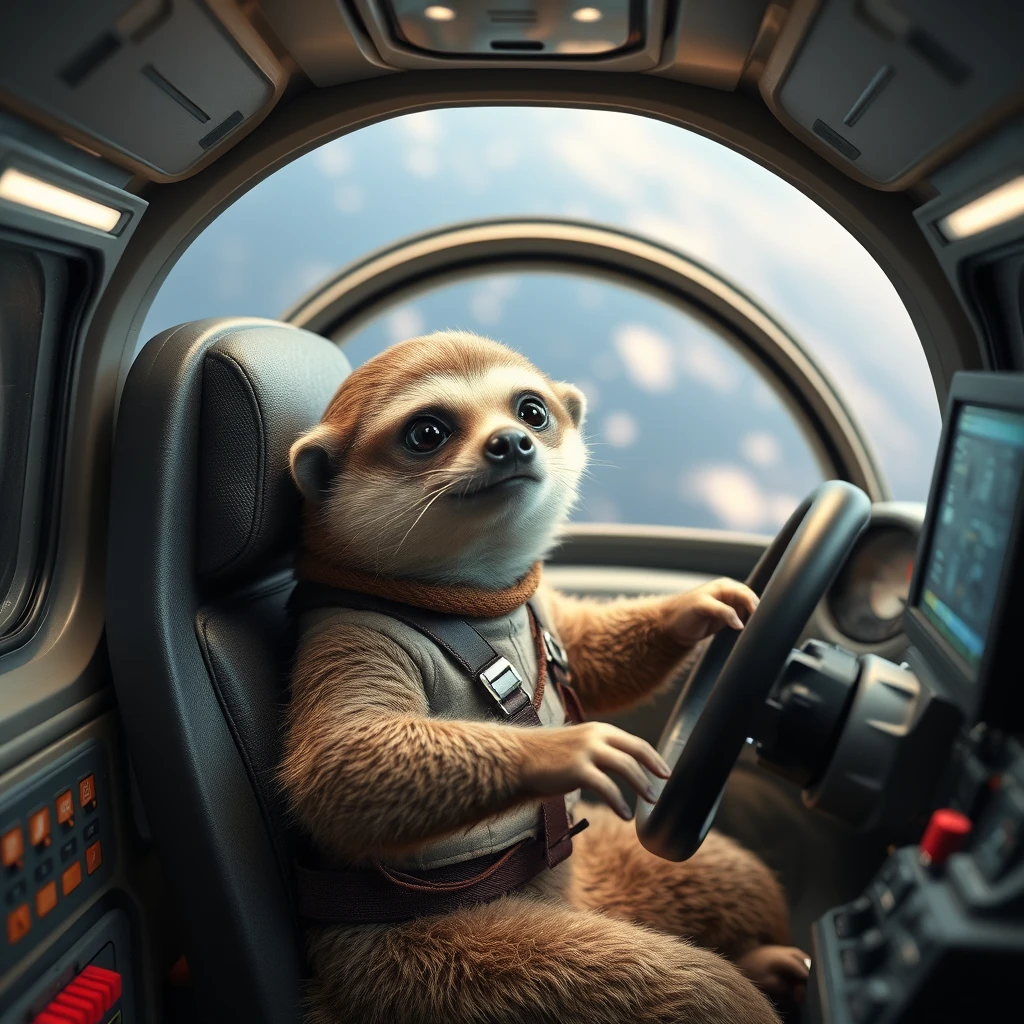 A cute and tiny sloth captain inside the Space Shuttle's control cockpit. - Image