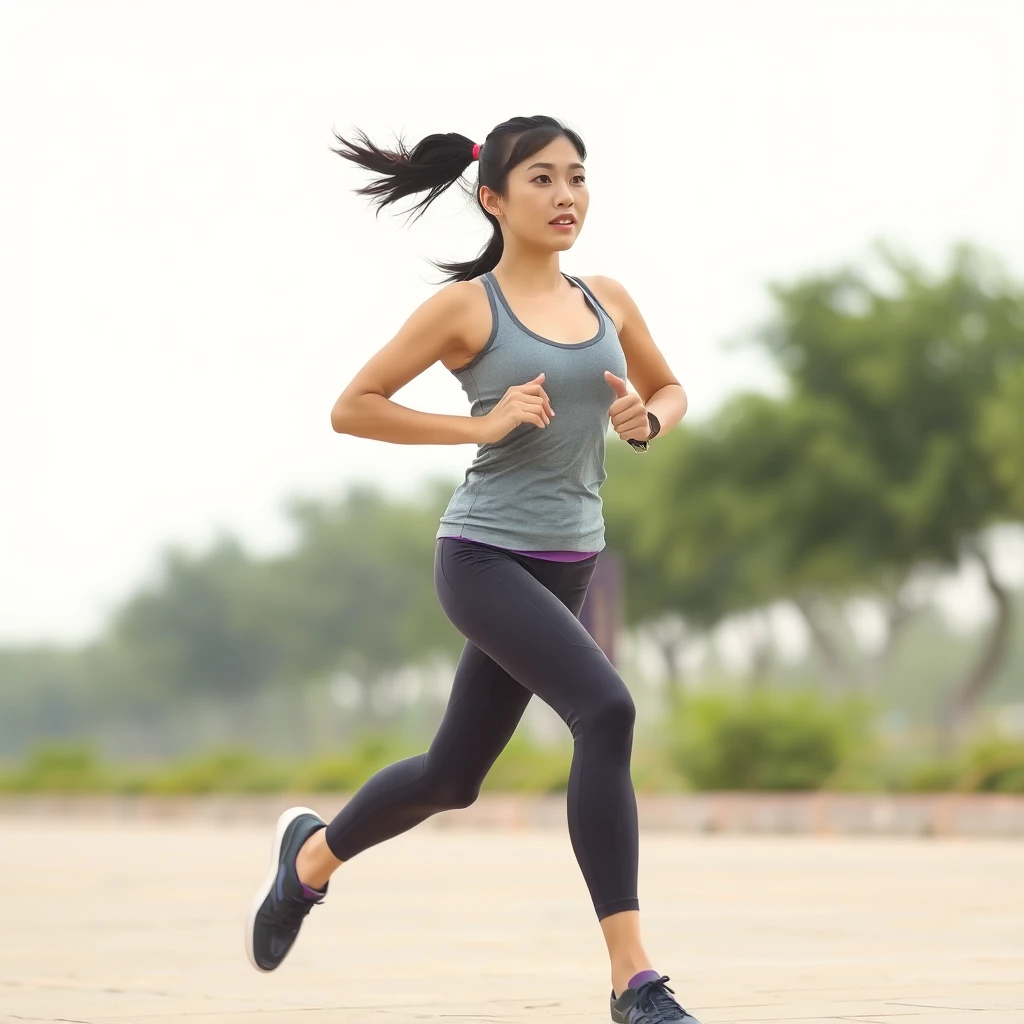 A Chinese woman running in yoga apparel, with a clear background. - Image