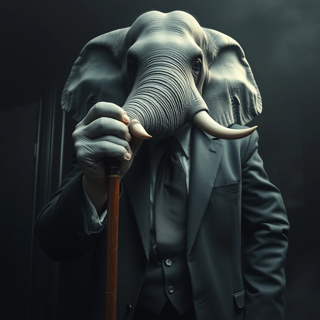 A large elephant man in a suit with large grey hands and hoof-like fingers holding a cane with the feeling of a mob boss in a dark room. - Image