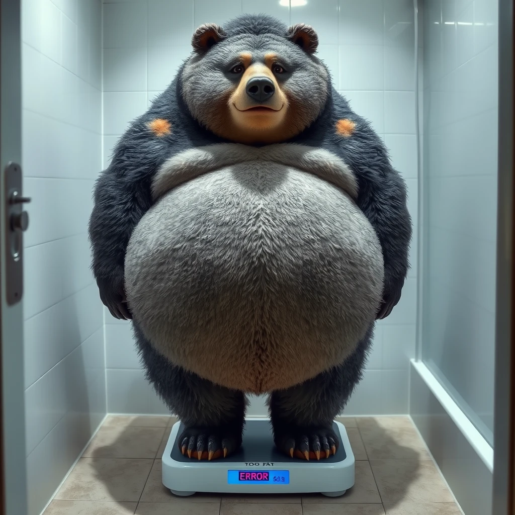 quarter view, anthropomorphic obese gray bear, standing on a scale that reads "error too fat". gray and black fur with tan and white fur markings. he has a heavyset body. wide fat bottom. fat wide double chins. full body. uncropped. fluffy fur. in bathroom before taking a shower.