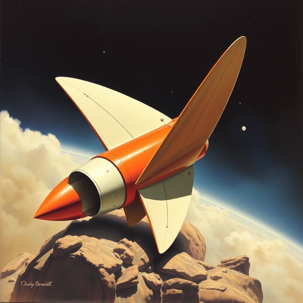 A 1959 Amazing Stories style rocket is resting on its 3 large rear-sweeping fins, its engines are off, a painting by Chesley Bonestell. - Image