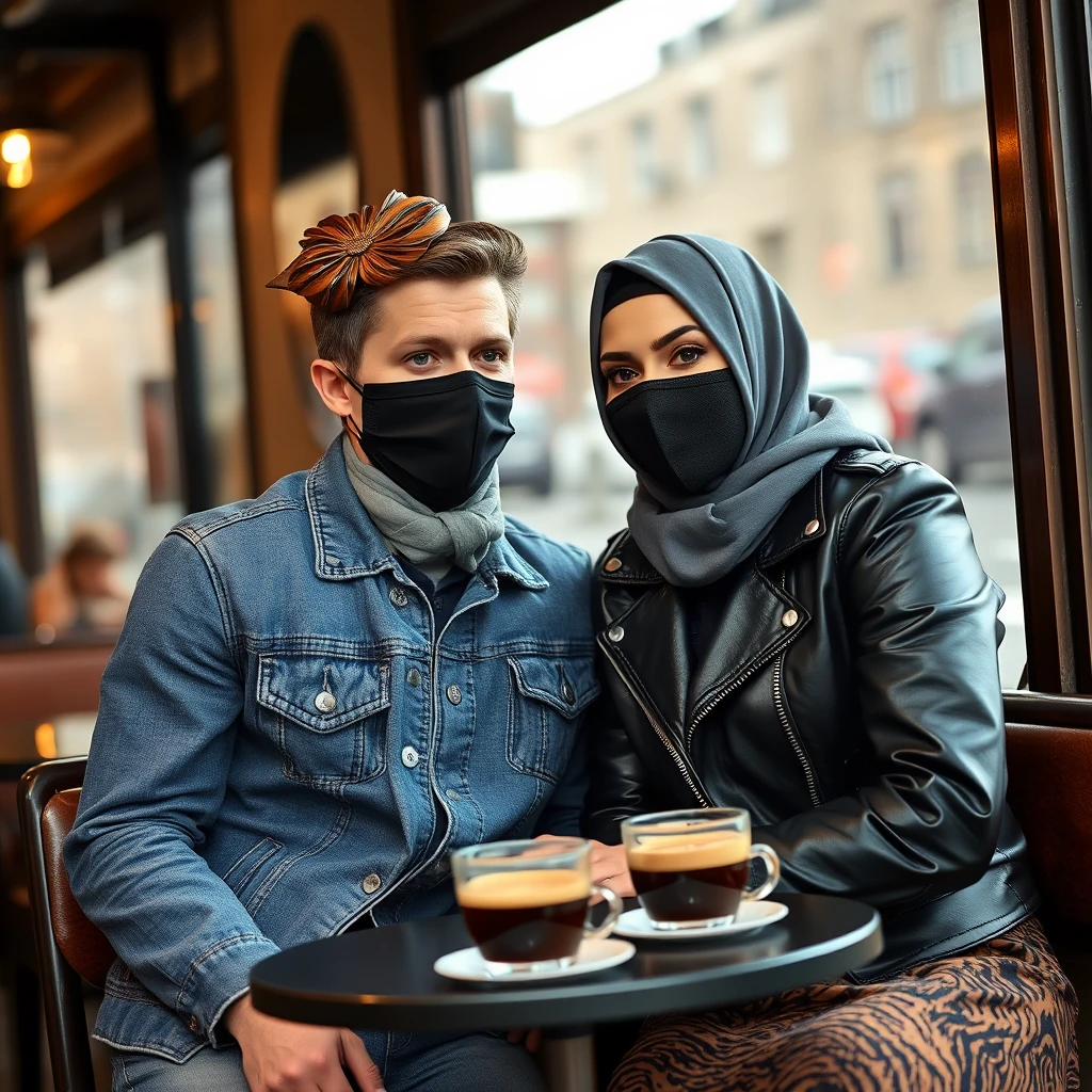 Jamie Dornan's head and body shot, handsome, face mask black, blue jeans jacket, jeans, dating with a grey hijab Muslim girl, beautiful eyes, face mask black, black leather jacket, biggest tiger pattern skirt, at a cafe, 2 cups of espresso on the table, photorealistic. - Image