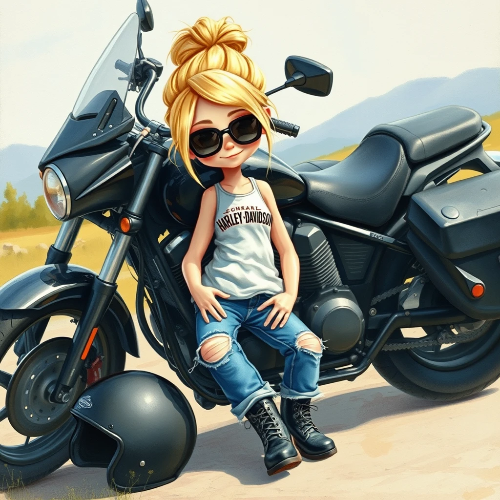 hyper detailed soft pastel watercolors alcohol ink of a whimsical little sweet blonde leaning up against her black motorcycle, wearing blue ripped jeans and a Harley Davidson white tank top, black riding boots, hair in a messy bun blonde in color, black sunglasses, has a little attitude and her black motorcycle helmet is on the ground beside her black motorcycle, soft scenery background, textured painterly on canvas, cute adorable animated movie image, 3D, HD.