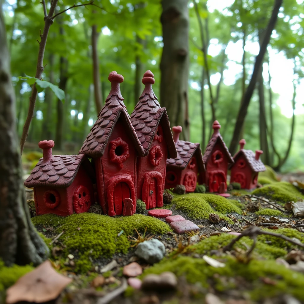 Evil red giant houses made from modelling clay in the natural forest.