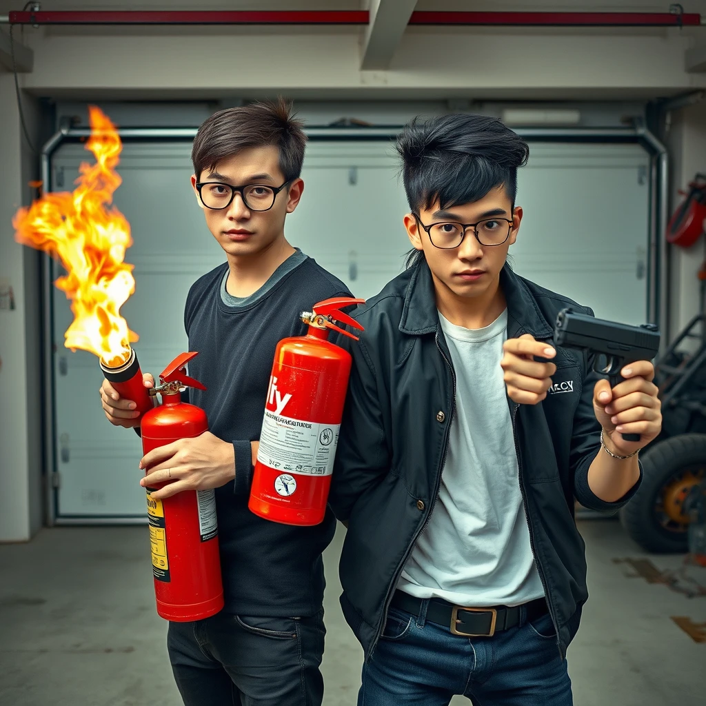 21-year-old European white Italian man with round prescription glasses and short hair holding a very large fire extinguisher flamethrower, and 21-year-old northern Chinese man with long black hair mullet, square glasses, holding a pistol; both angry; murderous intent; garage setting; both thin. - Image