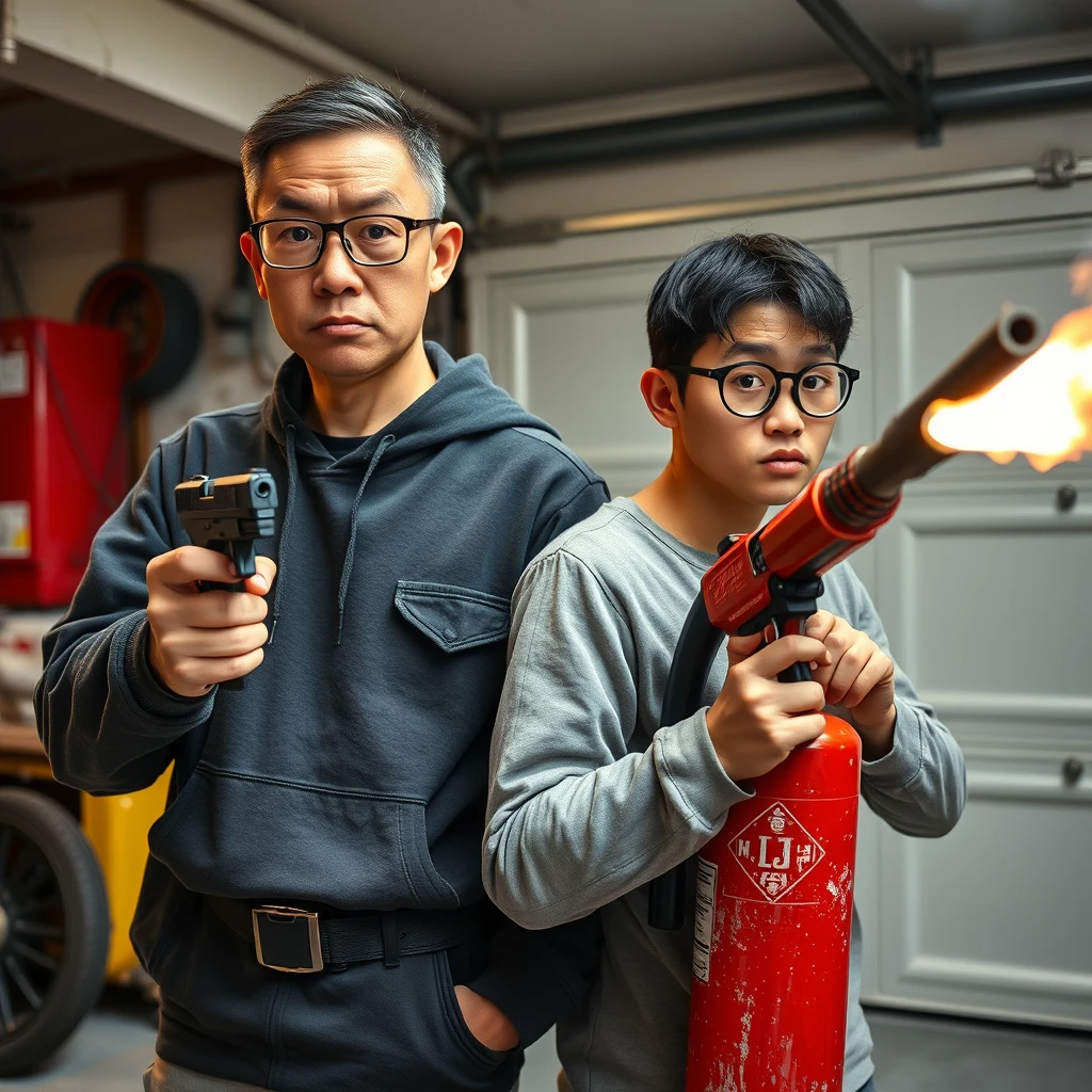 21-year-old white thin long-faced northern Chinese man with a square chin, wearing square glasses, holding a pistol; 21-year-old white Italian man wearing round glasses and short hair holding a very large fire extinguisher flamethrower; garage setting; both angry.