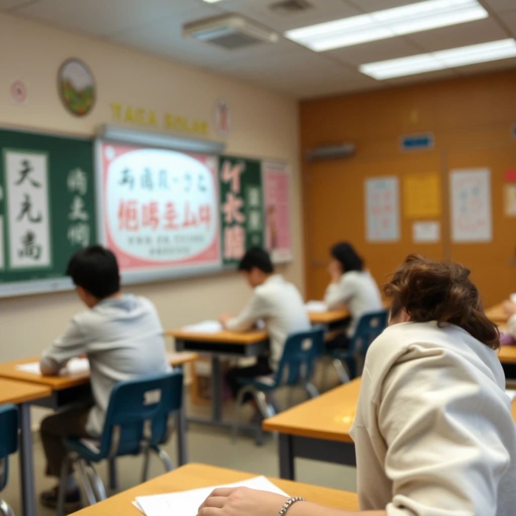 "In the classroom, there are Chinese characters or Japanese." - Image