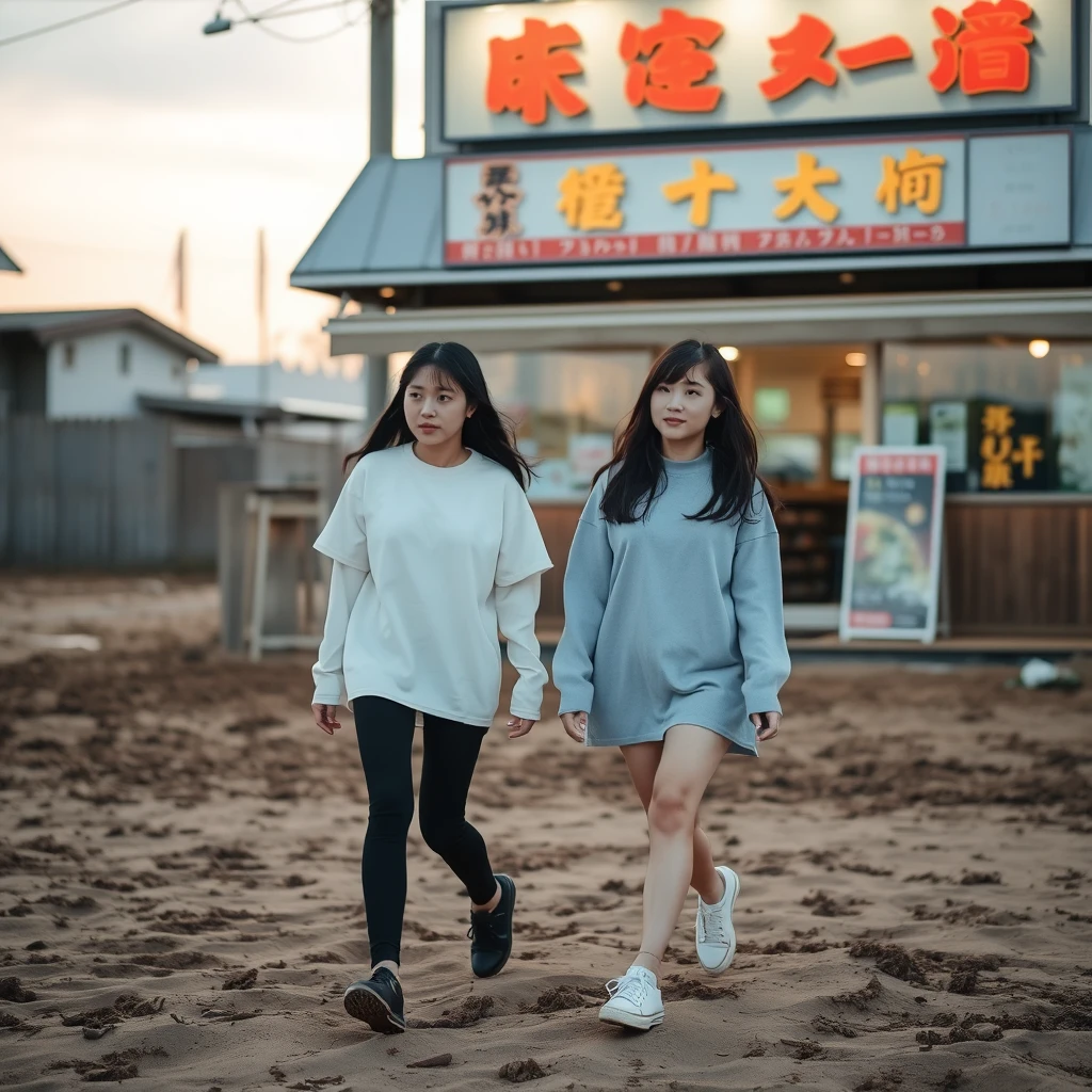 In the evening, two young women are walking on the muddy sand outside a restaurant. There is a sign outside the restaurant, and the words on the sign can be seen clearly, with Chinese characters or Japanese.