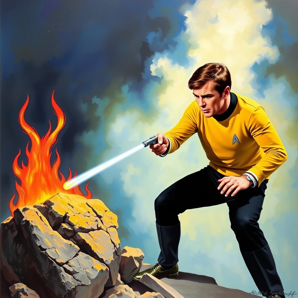 Captain Kirk uses his phaser to heat a rock, as painted by Arthur Sarnoff 1965. - Image