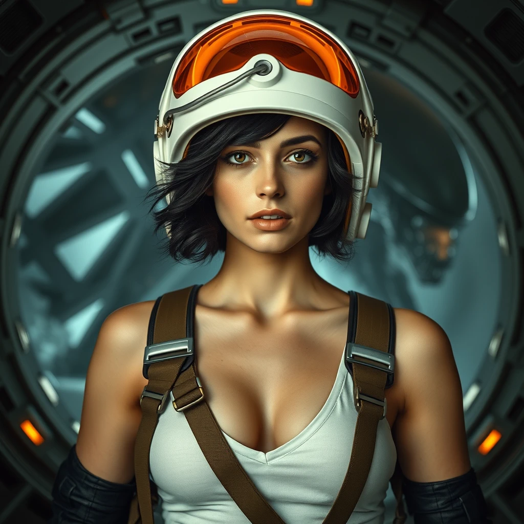 Early Renaissance portrait painting by Sandro Botticelli and Donatello. 27-year-old Ellen Ripley from the movie Alien, cropped short dark wavy hair, white tank top. Wearing 1950s vintage black spacesuit cadet uniform with steampunk accessories inside a futuristic spaceship. Gorgeous, giddy heroine, white space helmet with glowing orange translucent glass visor and goggles, deep v-neck, woman, journey to space, tense, whiplash curves. Dynamic pose, hyperdetailed, hyperrealistic. In the style of 1980s American sci-fi Space Agency movie poster. Volumetric lighting. Dark gothic and moody thriller horror Xenomorph Alien in the background. - Image